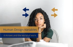 Woman at computer with 4 arrows next to her head